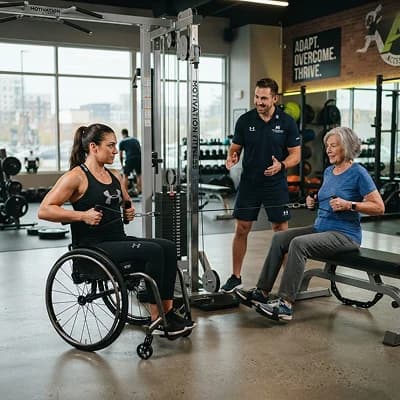 Trainer assisting wheelchair user