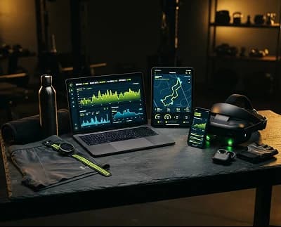 Desktop, tablet, phone and headset on a desk