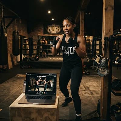 Human Trainer coaching, laptop reviewing form